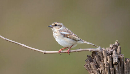Fototapeta premium A sharply focused photograph of a small, subtly colored Baird's Sparrow perched on a dry, twiggy stem against a blurred, natural grassland background