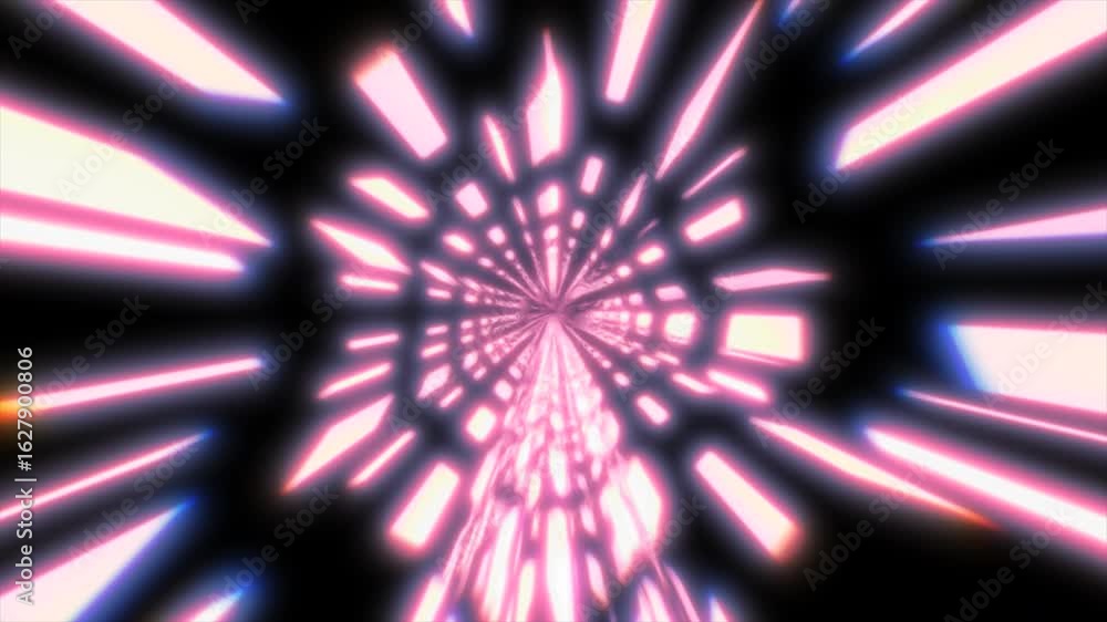 Poster bright neon tunnel with concentric pink light rays creating a vivid radial motion blur in a dark bac