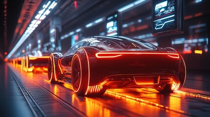 Futuristic Neon Lit Car Back View in Tunnel Transport Concept