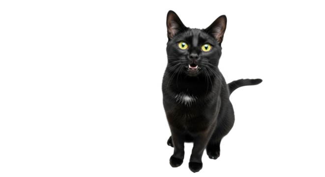 A sleek adult domestic black cat with glossy fur and luminous bright yellow eyes, sitting poised against a transparent studio background, its mouth slightly open revealing a pink tongue in a soft