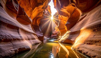 Sunlight Streaming Into Sandstone Canyon with Water Reflection
