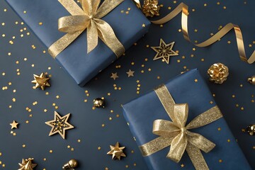 Elegant Christmas Gifts with Golden Ribbons and Decorations Background