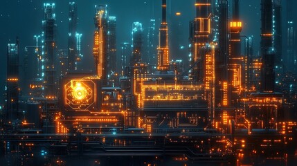 Futuristic Cyberpunk Industrial Complex with Glowing Details and Complex Infrastructure