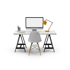 Fototapeta premium Modern Workspace with Computer, Chair, and Desk Lamp Isolated on Transparent Background