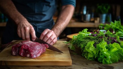 Chef is preparing a meal and has just cut a piece of meat on a wooden cutting board. cutting raw meat and salad on same surface, hands visible, poor hygiene scene, salmonella outbreak