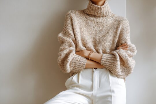 Woman in a beige turtleneck sweater and white pants