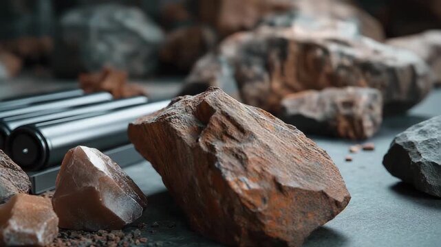 Close-up of raw rare earth minerals beside electric vehicle battery cells, sleek dark workshop backdrop, metallic earthy colors, future energy export theme, rare earth export