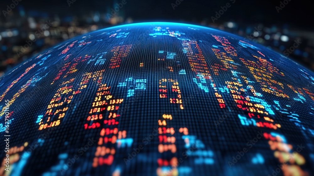 Poster abstract digital globe with glowing data and financial information overlay