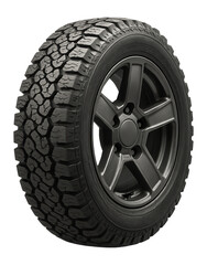 Fototapeta premium Heavy-duty all-terrain tire with rugged tread and black alloy wheel suitable for off-road vehicles on transparent background.