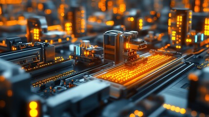 Futuristic Detailed Circuit Board Processor with Glowing Orange Light Technology
