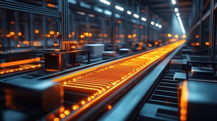 Futuristic Automated Assembly Line Conveyor Belt in Industrial Manufacturing Facility