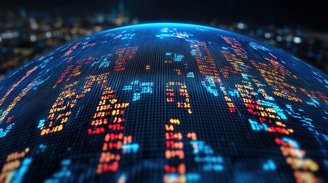 Abstract Digital Globe with Glowing Data and Financial Information Overlay