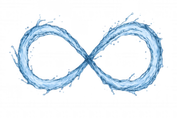 Dynamic liquid infinity symbol formed by flowing blue water splashes and droplets, symbolizing endlessness and fluidity
