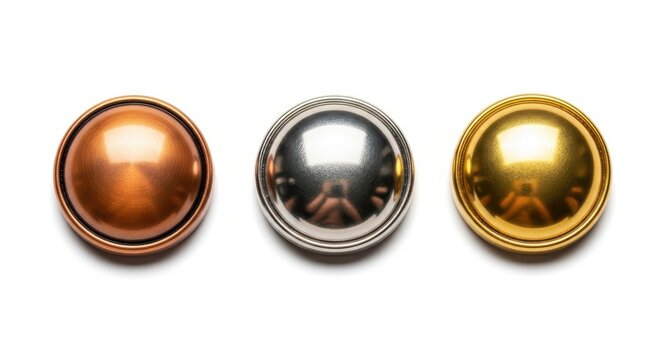 Isolated gold, silver, and copper metallic domed buttons on white background