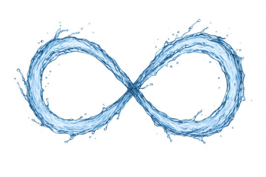 Dynamic liquid infinity symbol formed by flowing blue water splashes and droplets, symbolizing endlessness and fluidity