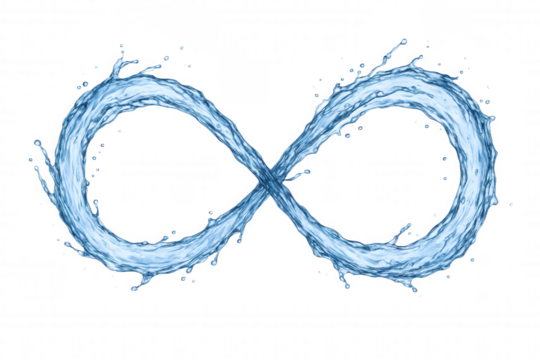 Dynamic liquid infinity symbol formed by flowing blue water splashes and droplets, symbolizing endlessness and fluidity