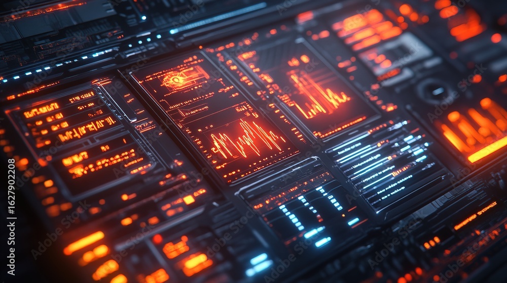 Poster futuristic scifi interface display panel with data and graph analysis