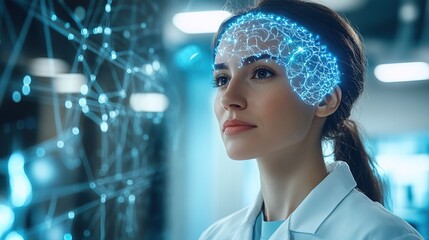 Conceptual Portrait of Beautiful Woman with Digital Brain Overlay Imagery