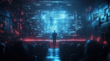 Futuristic Digital Data Presentation with Audience in Dark Auditorium