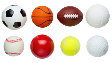 Collection of eight different sports balls arranged in two rows isolated on transparent background