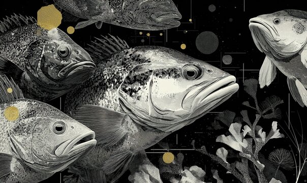Rappresentazione astratta di pesci in monocromia con elementi geometrici