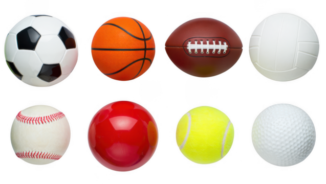 Collection of eight different sports balls arranged in two rows isolated on transparent background