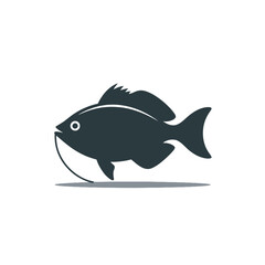 Dark silhouette of a fish with a fishing line isolated on white background