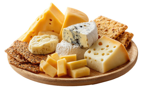 Assorted cheeses and crackers on a wooden plate