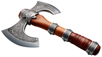 Viking Axe: An intricately designed Viking axe, showcasing detailed engravings, a sturdy wooden handle, and a double-bladed head, ready for action.