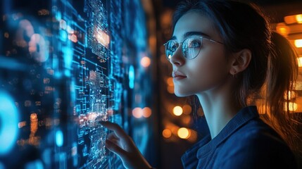 Futuristic Woman in Glasses Interacting with Digital Data Screen Display Technology