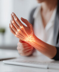 lifestly image of close-up view of a painful wrist office syndrome severe expression discomfort augmented reality overlay on the wrist with glowing red pain semi-transparent bones and joints visible