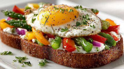 Open-Faced Sandwich With Fried Egg, Colorful Vegetables, And Fresh Herbs On Whole Grain Bread: A Healthy And Vibrant Breakfast Or Snack Option