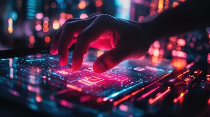 Futuristic Neon Finger Touching Screen Display Interface Cyberpunk Technology Concept