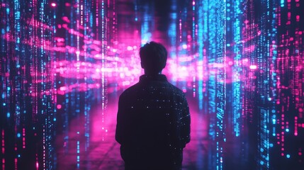 Digital Cyberpunk Man Silhouette Data Stream Immersive Technology Illustration