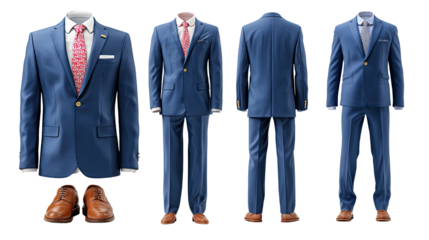 Elegant Ensemble: A meticulously crafted blue suit, complete with a matching tie and polished shoes, showcases a timeless style, ideal for business or special occasions. 