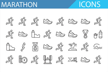 Minimalist marathon and running icons featuring athletes, cups, and finish lines.