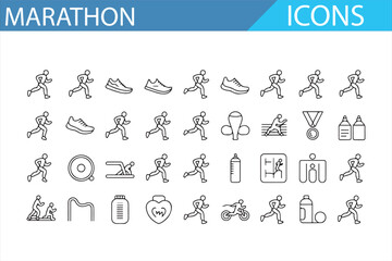Set of marathon icons representing athletes, medals, and race-related symbols.