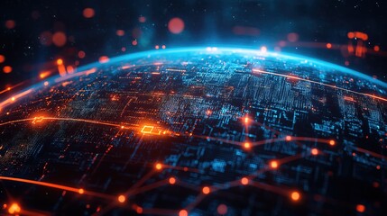 Abstract Futuristic World Globe Digital Network Connection with Glowing Light Details