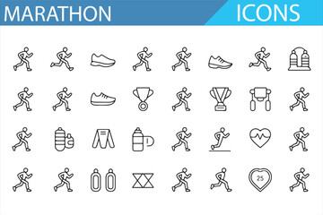 Collection of line art icons showcasing marathon running, awards, and fitness elements.