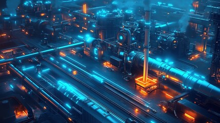 Futuristic Neon Lit Industrial Plant Power Station Machinery Scifi Scene