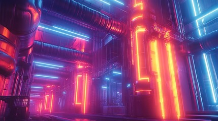 Futuristic Neon Lit Industrial Interior with Pipes and Structures Detail