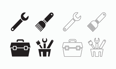 Obraz premium Vector Icons of Tools and Toolboxes in Black and White 