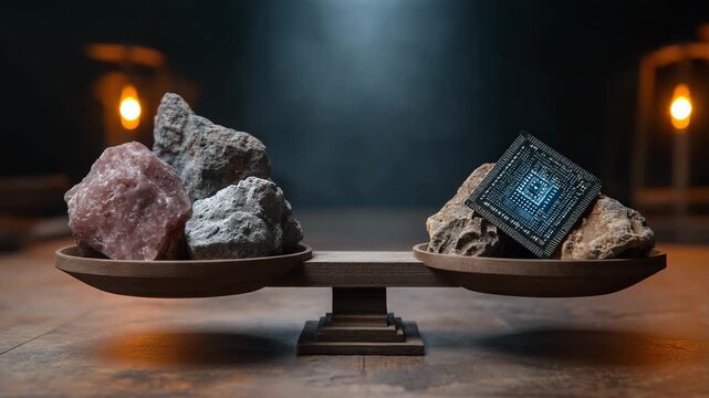 Two scales with rocks on them. dramatic scale weighing raw rare earth minerals on one side and advanced AI microchip on the other, symbolic power struggle, rare earth export