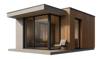 Modern prefab house with large glass doors and wooden paneling featuring a minimalist chair on transparent background.