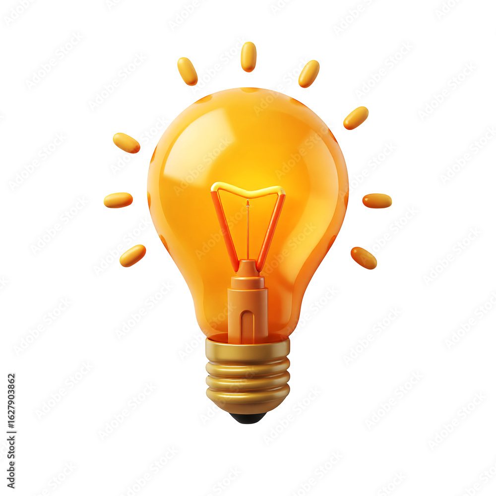 Poster a stylized light bulb with a golden base and radiating light design idea on transparent background