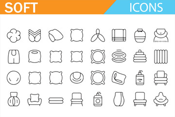 Detailed line icons of soft household items and plush toys for comfort and relaxation.