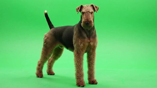 Airedale terrier standing poses on green screen background studio footage