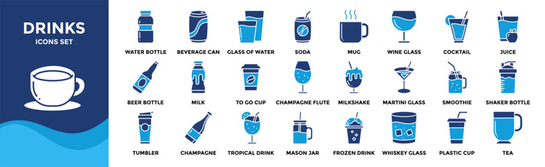 Drinks icon collection set. Containing design Water Bottle, Soda, Juice, Milkshake, Coffee Cup