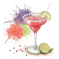 cocktail with lime, Creative Beverage Illustration – Lime Cocktail with Color Splashes, Hand-Painted Summer Drink Illustration