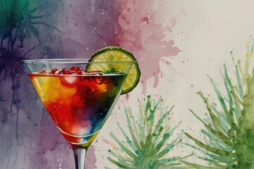 cocktail with lime, Creative Beverage Illustration – Lime Cocktail with Color Splashes, Hand-Painted Summer Drink Illustration